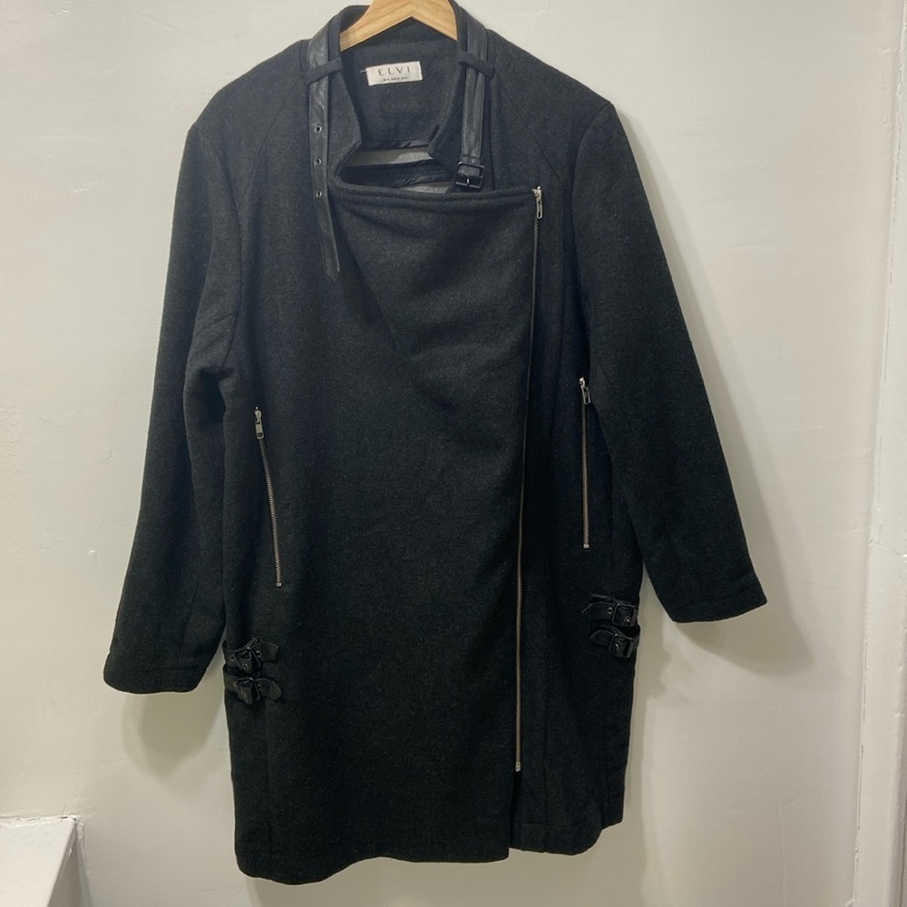 Elvi, Women’s,Blackish/Grey,Wool Blend,Biker Front,Long Sleeve Coat. Size-10